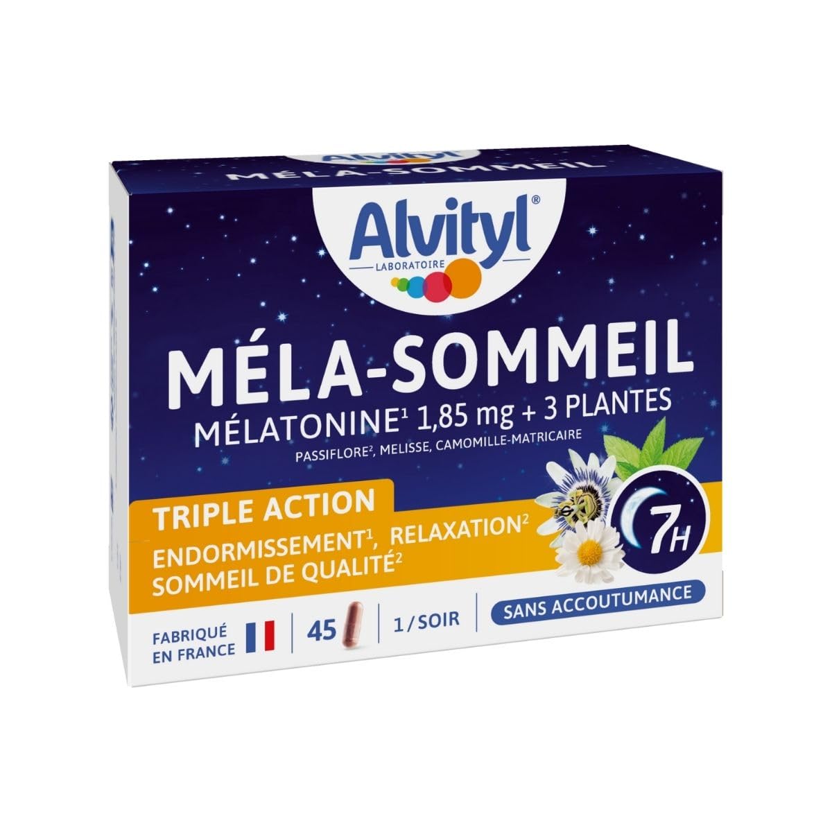 Alvityl Méla-sommeil – Mélatonine + 3 plantes + vitamine B6 – Triple action sur le sommeil et la relaxation- 1,85mg Mélatonine