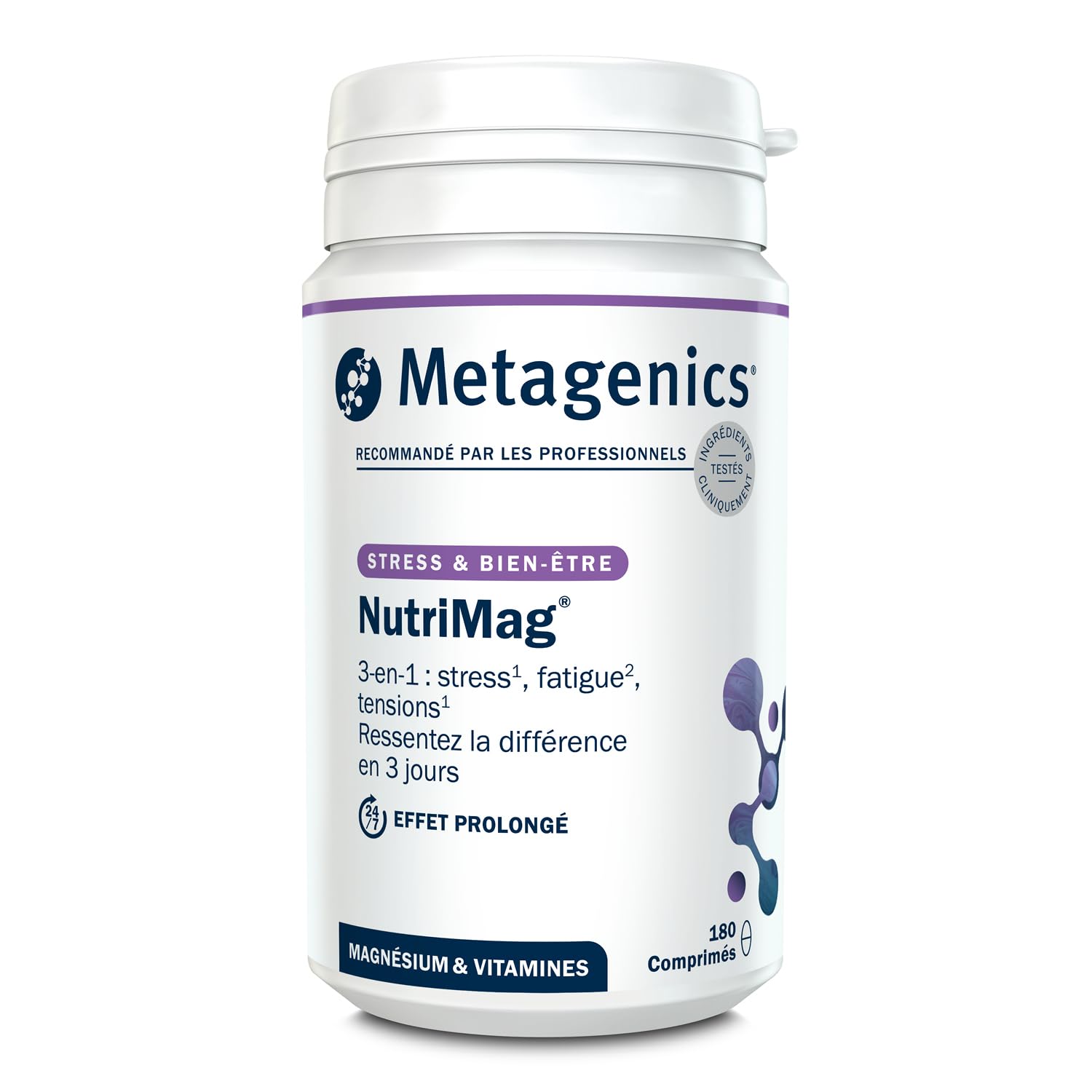 Metagenics NutriMag – Triple Action – Stress, Fatigue, Tensions – Magnésium, Vitamine D & B6, Folate – 180 comprimés