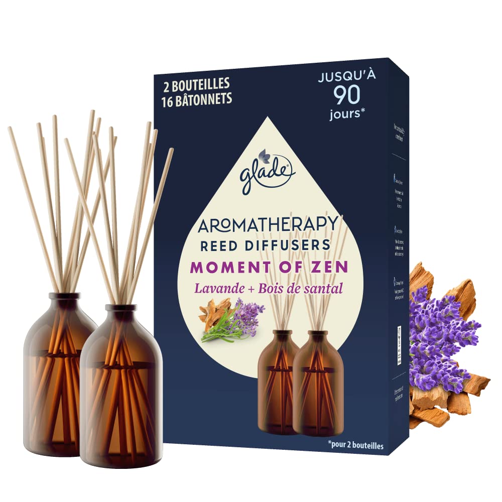 Diffuseur Bâtonnets Infusé Aux Huiles Essentielles  Lavande & Bois de Santal – Jusqu&rsquo;à 90 Jours De Parfum – 2 Diffuseurs & 16 Bâtonnets