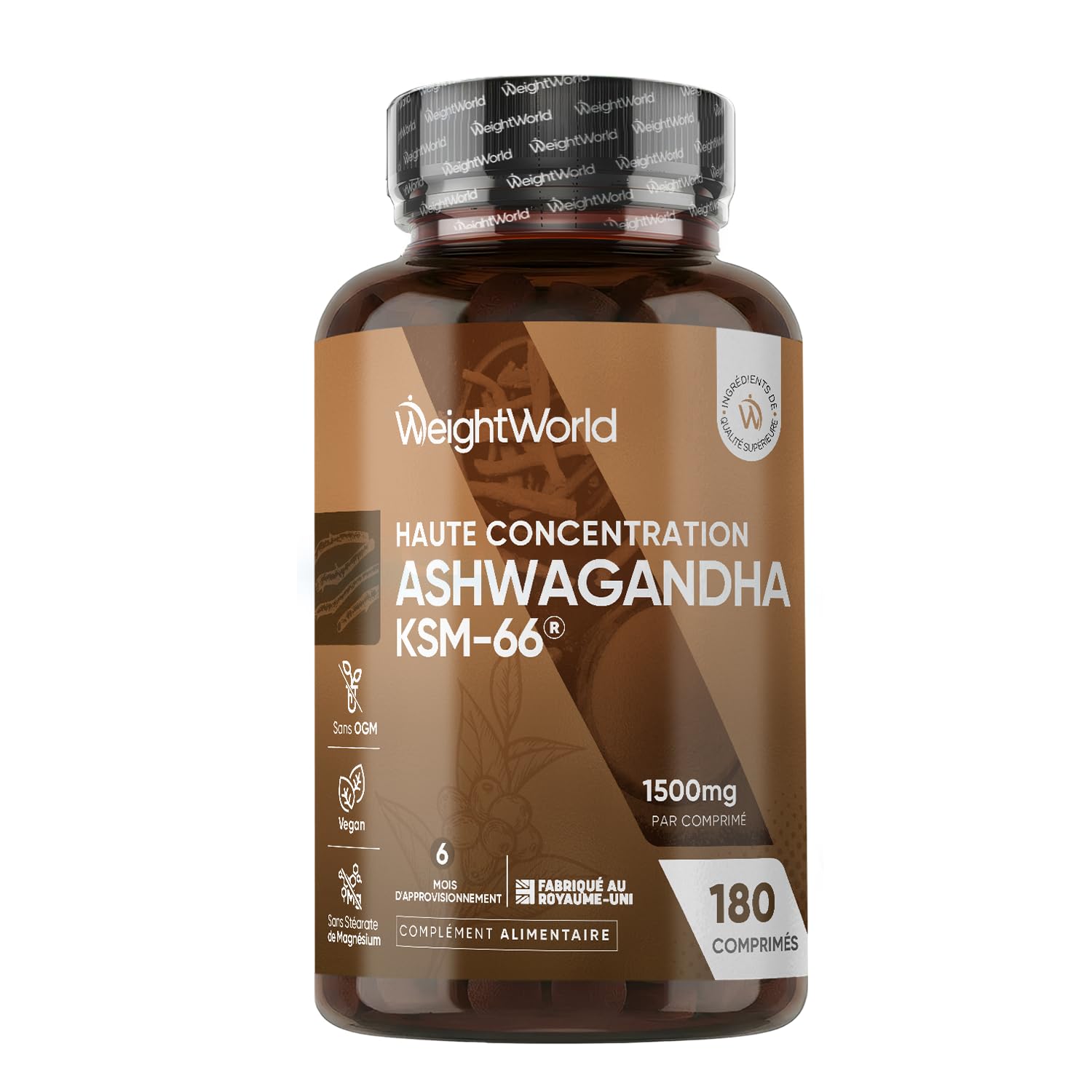 Ashwagandha KSM-66 Weightworld – 1500mg/Comprimé – 180 Comprimés – 5% Withanolides – Poudre Ratio 12:1 (Ginseng Indien Withania Somnifera)