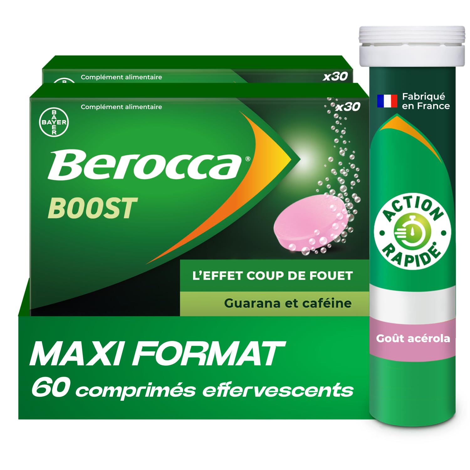 Berocca® Boost – Effet coup de fouet – Aide à réduire la fatigue – Vitamine B12, Guarana, Caféine, Vitamine C et Magnésium, Goût Acérola