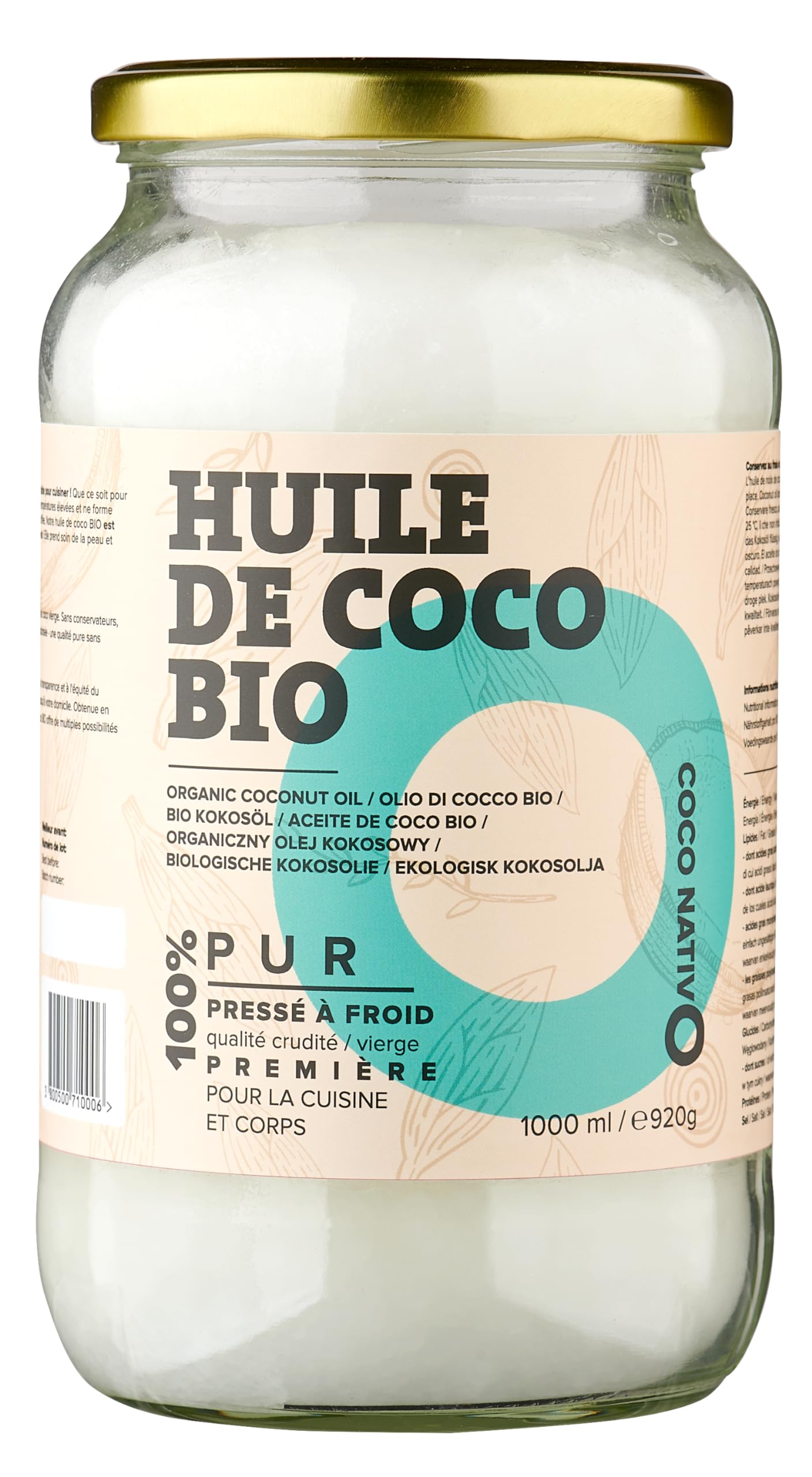 Huile de Coco Bio CocoNativo 1000ml (1L) – Extra Vierge et non Raffinée – Idéale Pour Les Cheveux, Le Corps et Cuisine