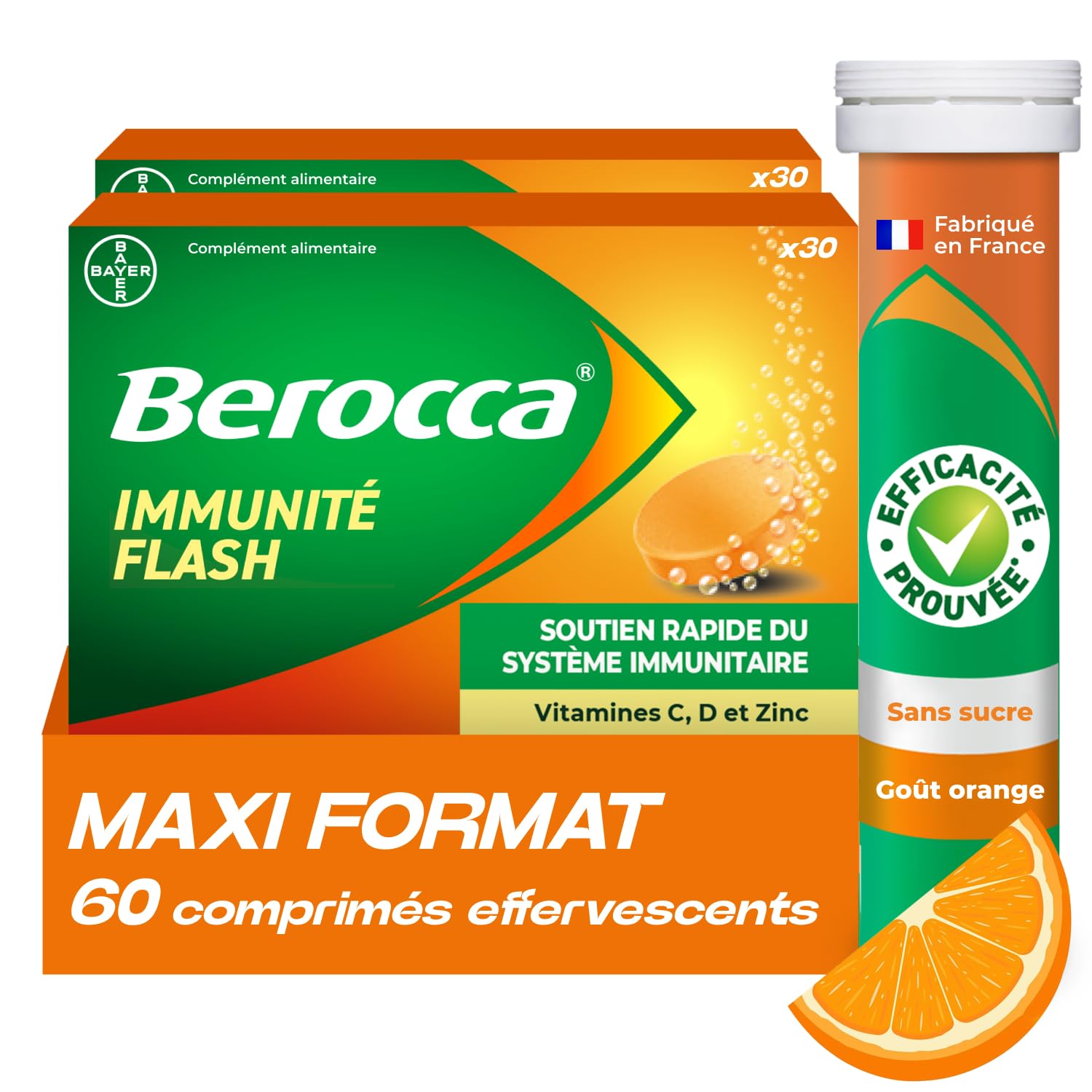 Berocca Immunité Flash – Soutient Système Immunitaire – Zinc, Vitamine D & C – Multivitamines et Minéraux – Goût Orange – Maxi Format 60 Comprimés Effervescents