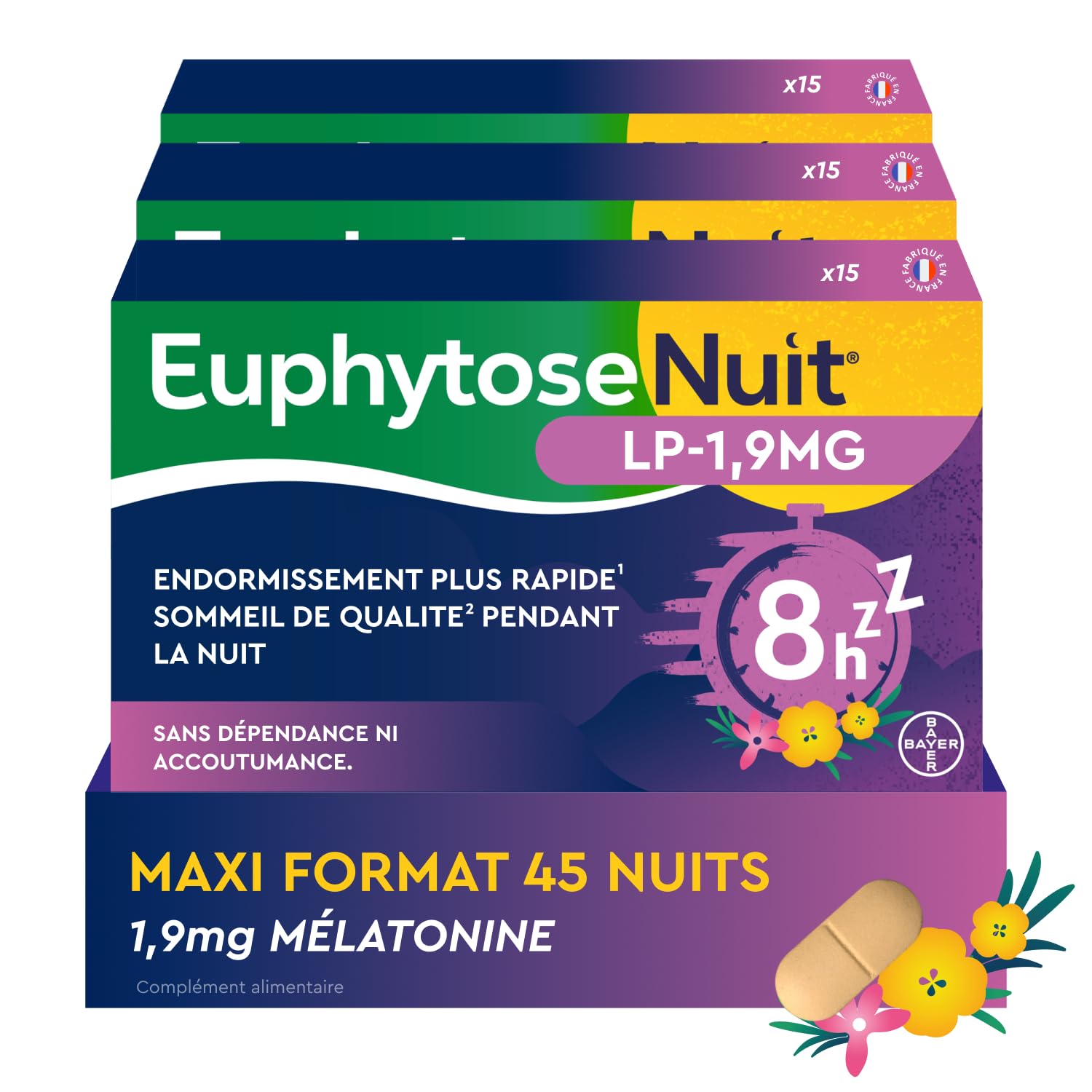 Euphytose Nuit LP Mélatonine 1,9 mg – Sommeil Adulte – Favorise l&rsquo;Endormissement et la Qualité du Sommeil – Libération Prolongée 8H – Valériane – 45 Comprimés