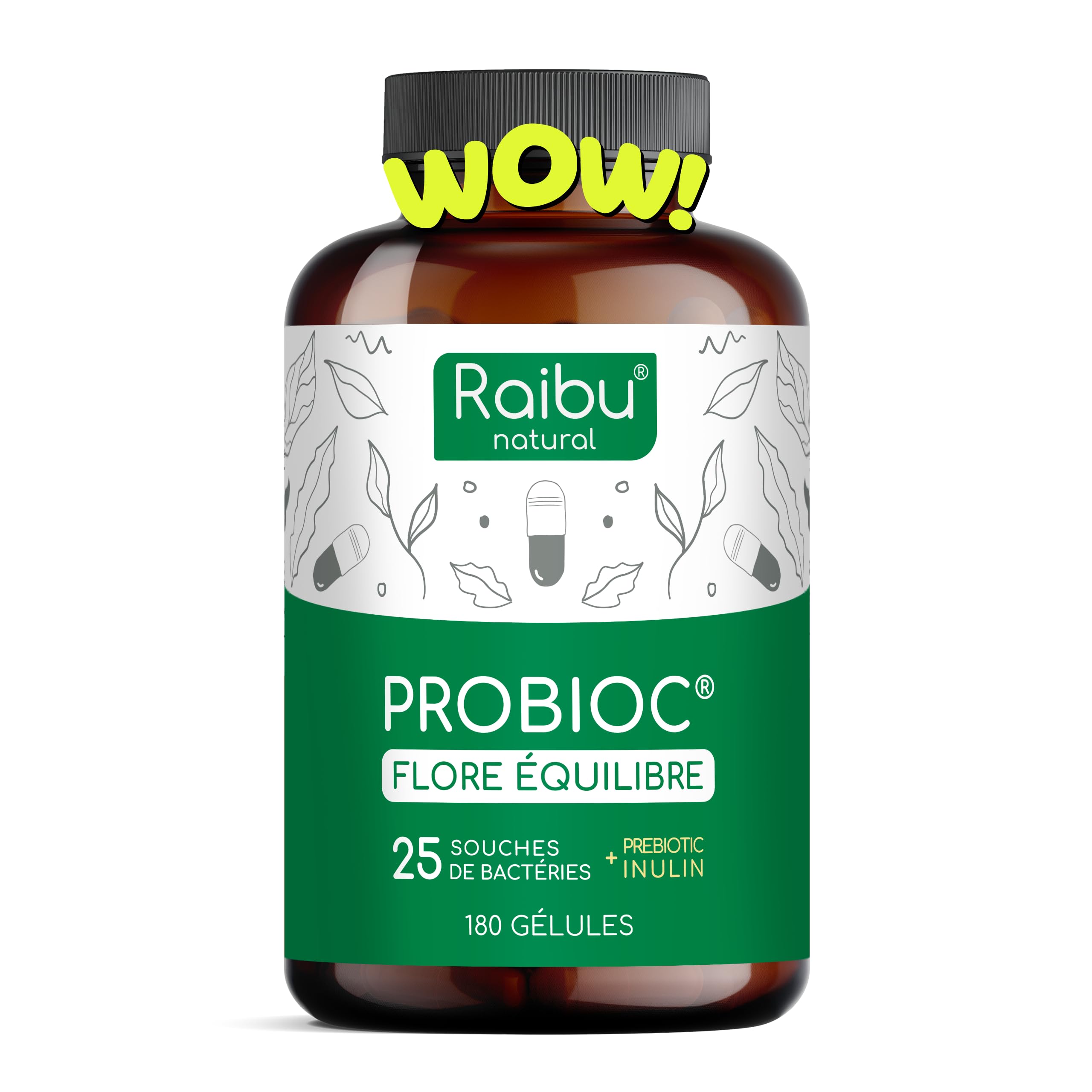 Probiotique Flore Intestinale – Raibu – 180 Gélules – 60 Milliards UFC/Jour: 25 Souches Exclusives