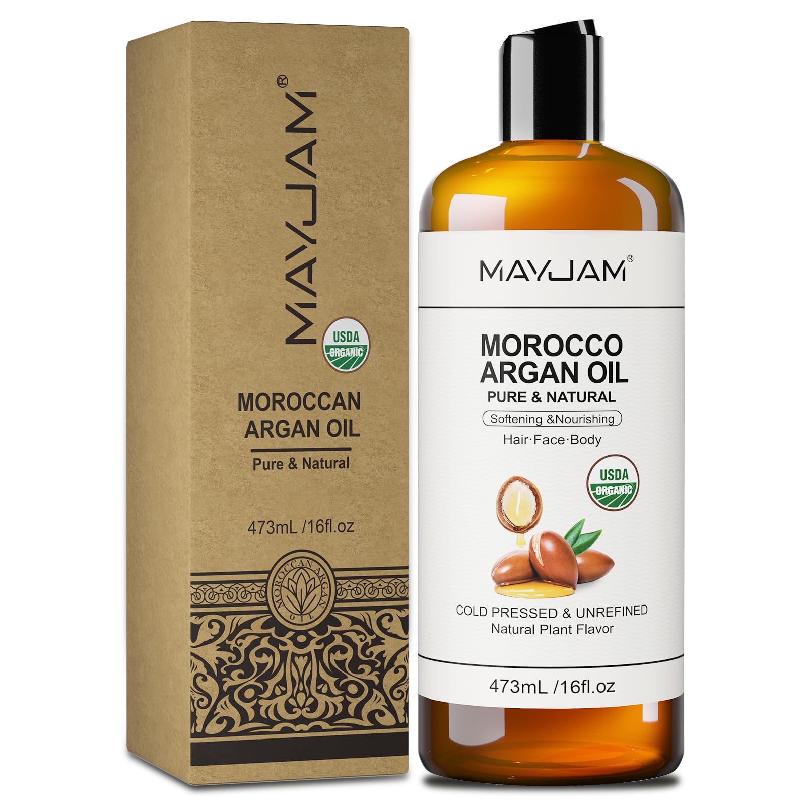 Huile d’Argan Bio 473ML, Huiles Capillaires Pressée à Froid Pure Naturelle, Soin Pour Visage, Peau, Cheveux, Hydratante & Anti-Âge, origine Maroc