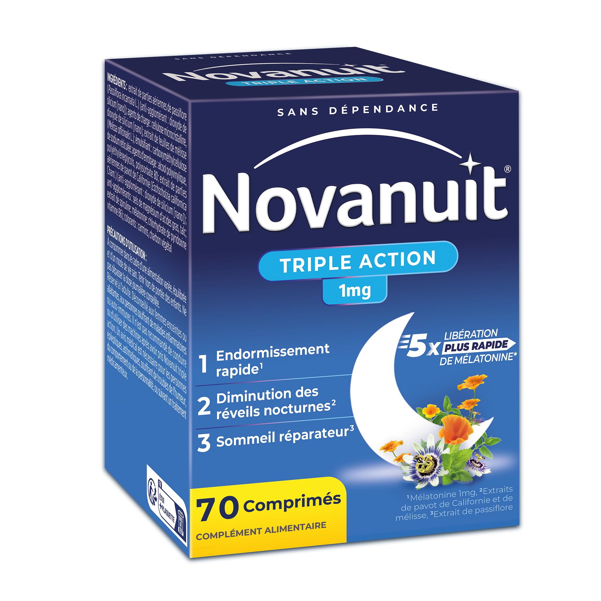 NOVANUIT TRIPLE ACTION – Endormissement – Réveils Nocturnes – Sommeil Réparateur – Mélatonine 1mg Plantes Vitamine B6 – 70 Comprimés
