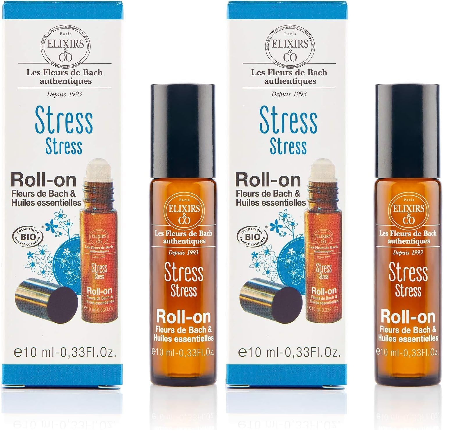 Lot de 2 Rolls On Huiles Essentielles et Fleurs De Bach Stress Adulte Bio – Elixirs & Co – Sérénité, Effet Apaisant, Relaxation, Endormissement