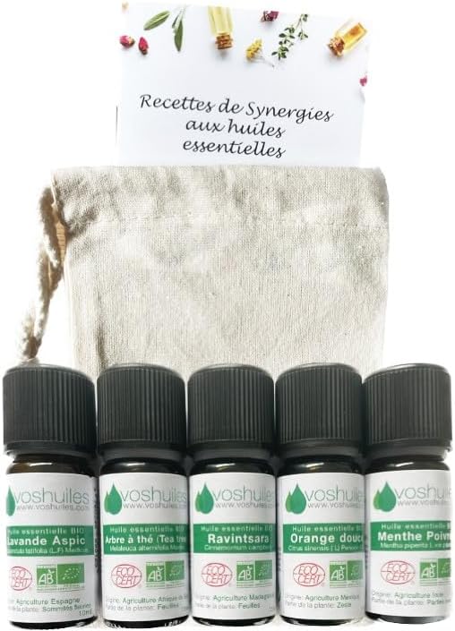 Kit de base : Les 5 huiles essentielles indispensables BIO – Voshuiles.com – Ravintsara, Lavande Aspic, Tea Tree, Menthe Poivrée, Orange douce