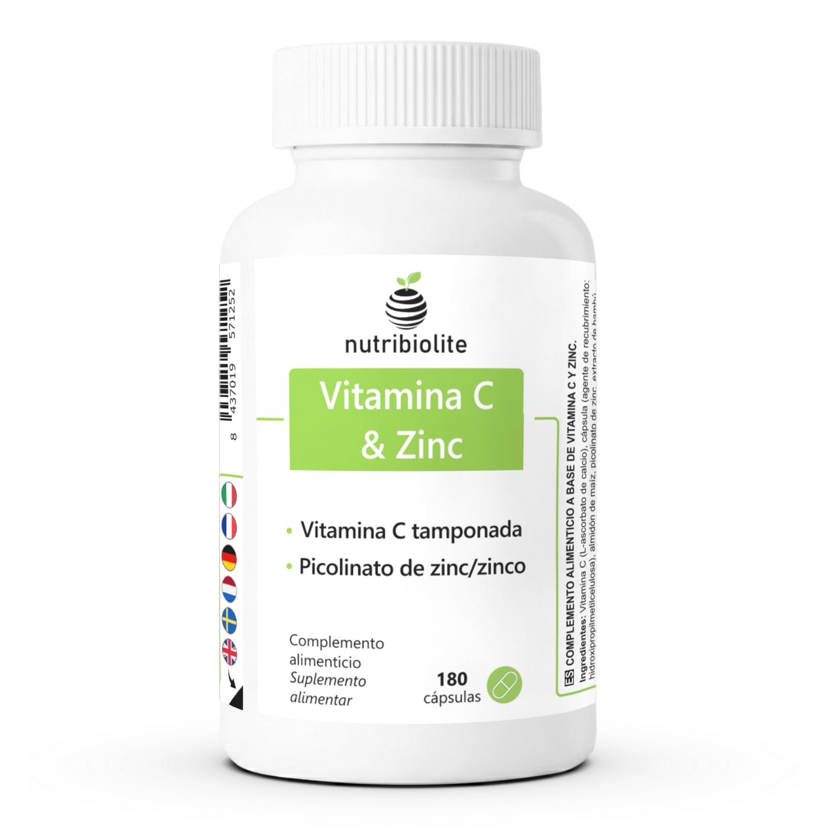 Vitamine C tamponnée 1000 mg et Zinc Picolinate à haute absorption – 10 mg de zinc élémentaire par dose – Vitamines contre la fatigue et pour le système immunitaire – 180 gélules | Nutribiolite