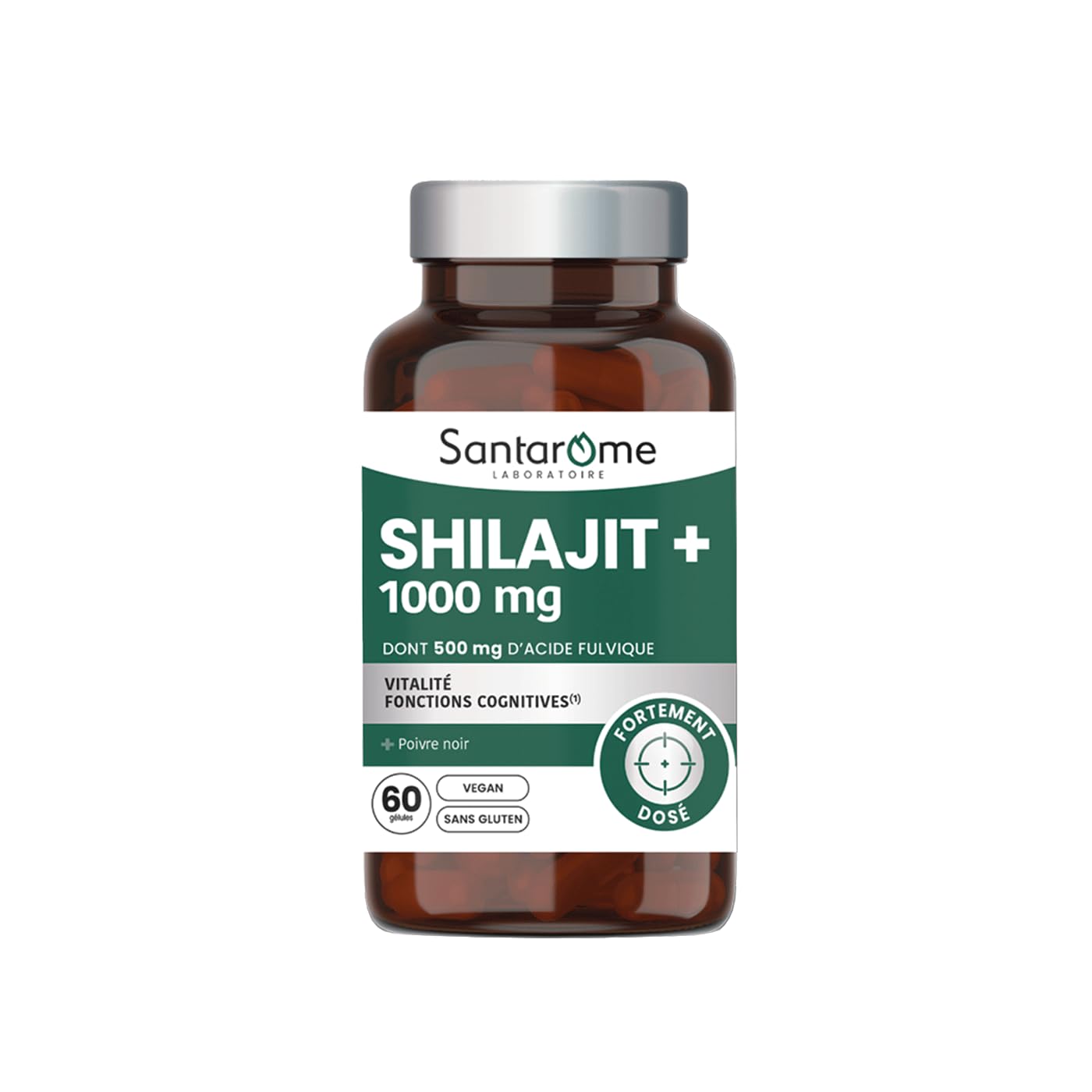 Complexe Shilajit + Poivre noir – Santarome bio – 60 Gélules – 1000 mg Acide Fulvique – Énergie – Testé sans métaux lourds