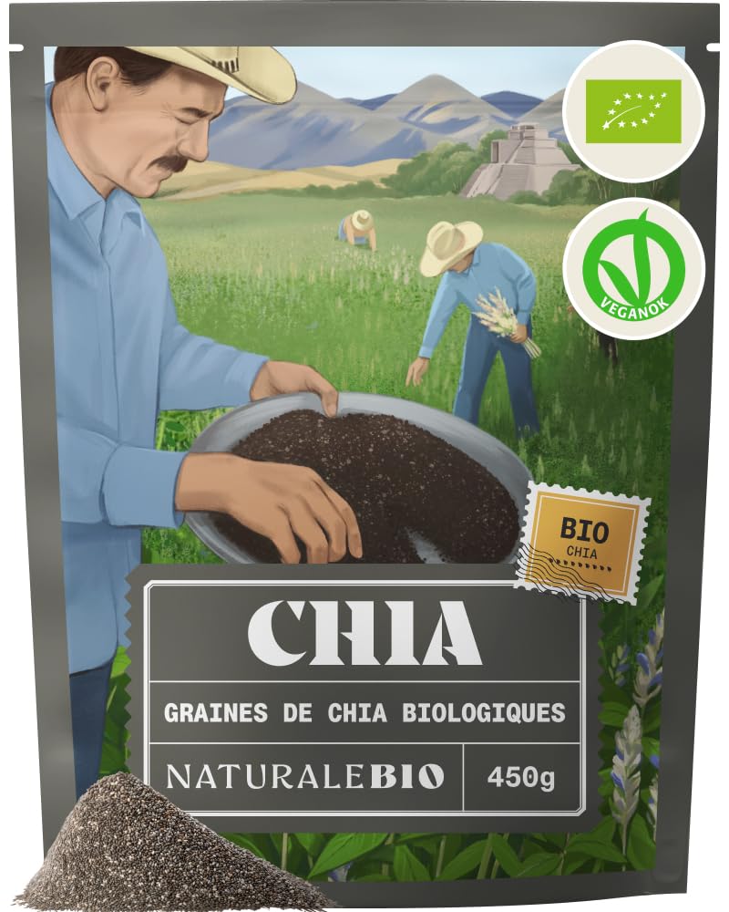 Graines de chia Bio 450g – Naturalebio – Soutien de la santé digestive, amélioration du stress