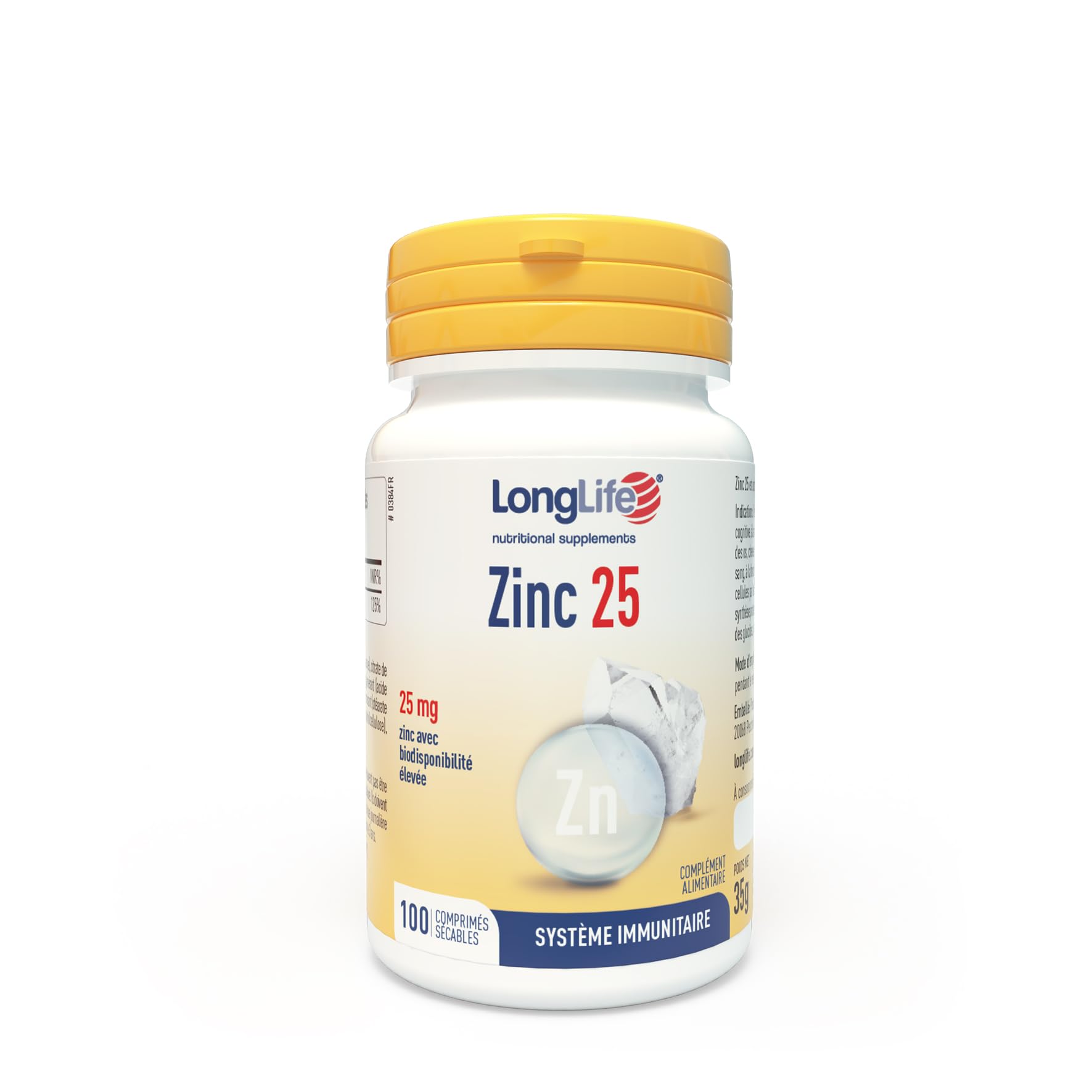 Zinc citrate – 25mg – Longlife – Soutien du système immunitaire, Energie, Santé des os et de la peau