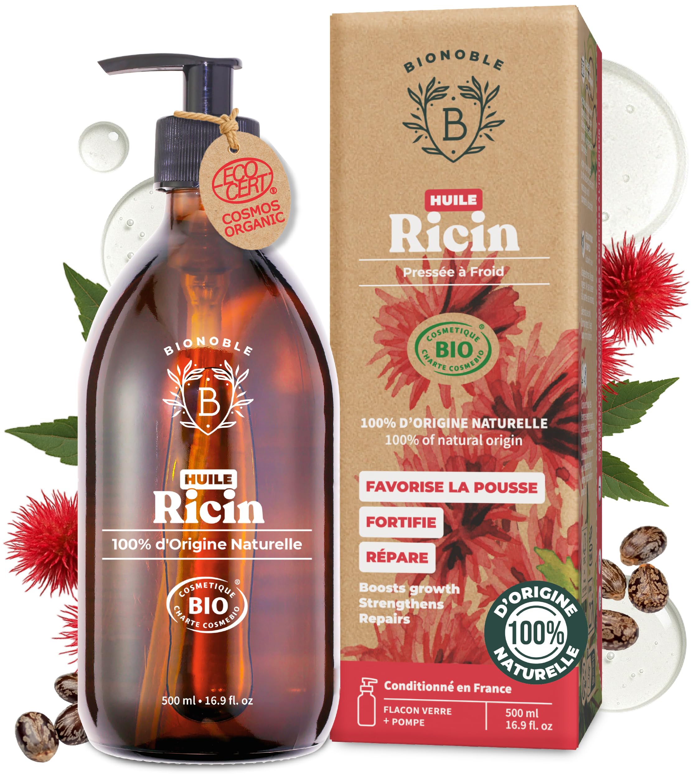 Huile de ricin Bio 500ml -Bionoble – Pousse et Réparation cheveux et peau, Nourrit en profondeur