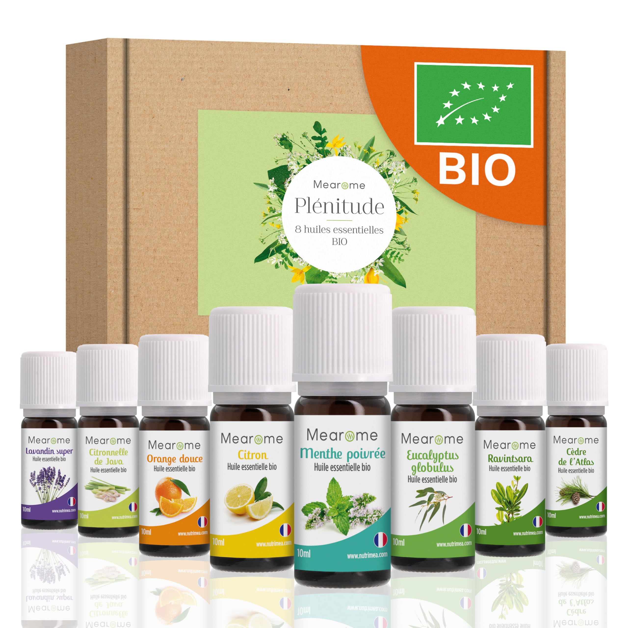 Coffret Huiles essentielles 8x10ml : Menthe poivrée, Citronnelle de Java, Cèdre de l&rsquo;Atlas, Lavandin, Eucalyptus, Orange douce, Ravintsara, Citron