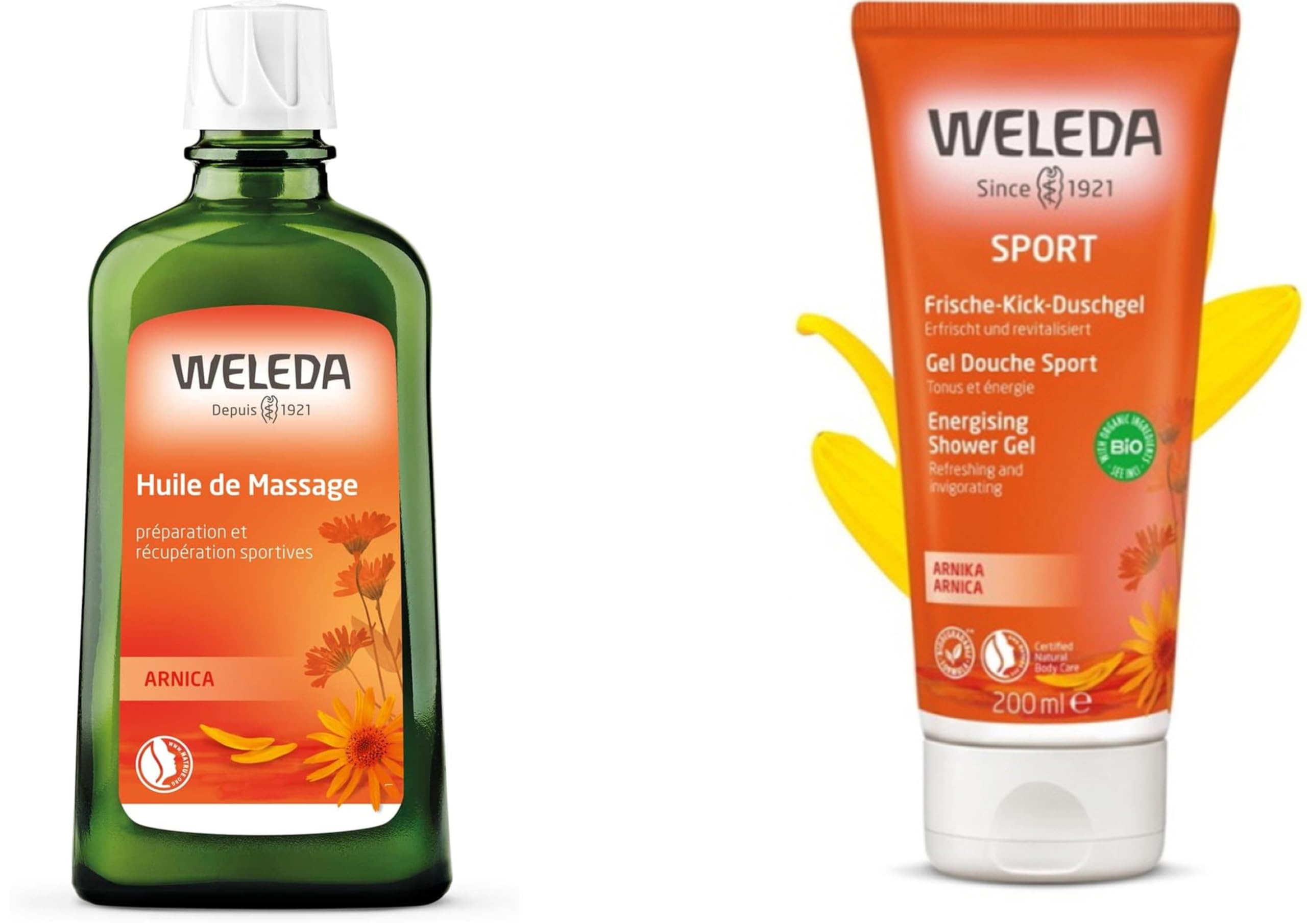 Huile de Massage à l&rsquo;Arnica + Gel douche Sport – Weleda – Préparation et récupération musculaires – Routine sportive